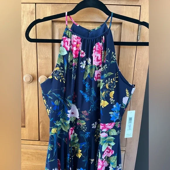 NWT Eliza J Navy Floral Print Chiffon High/Low Halter Midi Dress - Picture 7 of 14